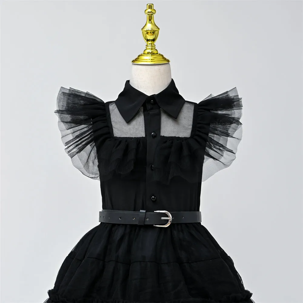 2618# 3-14 Years Old Yoliyolei Carnival Costume Kids Girls Party Dress 2pcs Set Turn Down Collar Halloween Black Costume For Babies 2023 With Belt