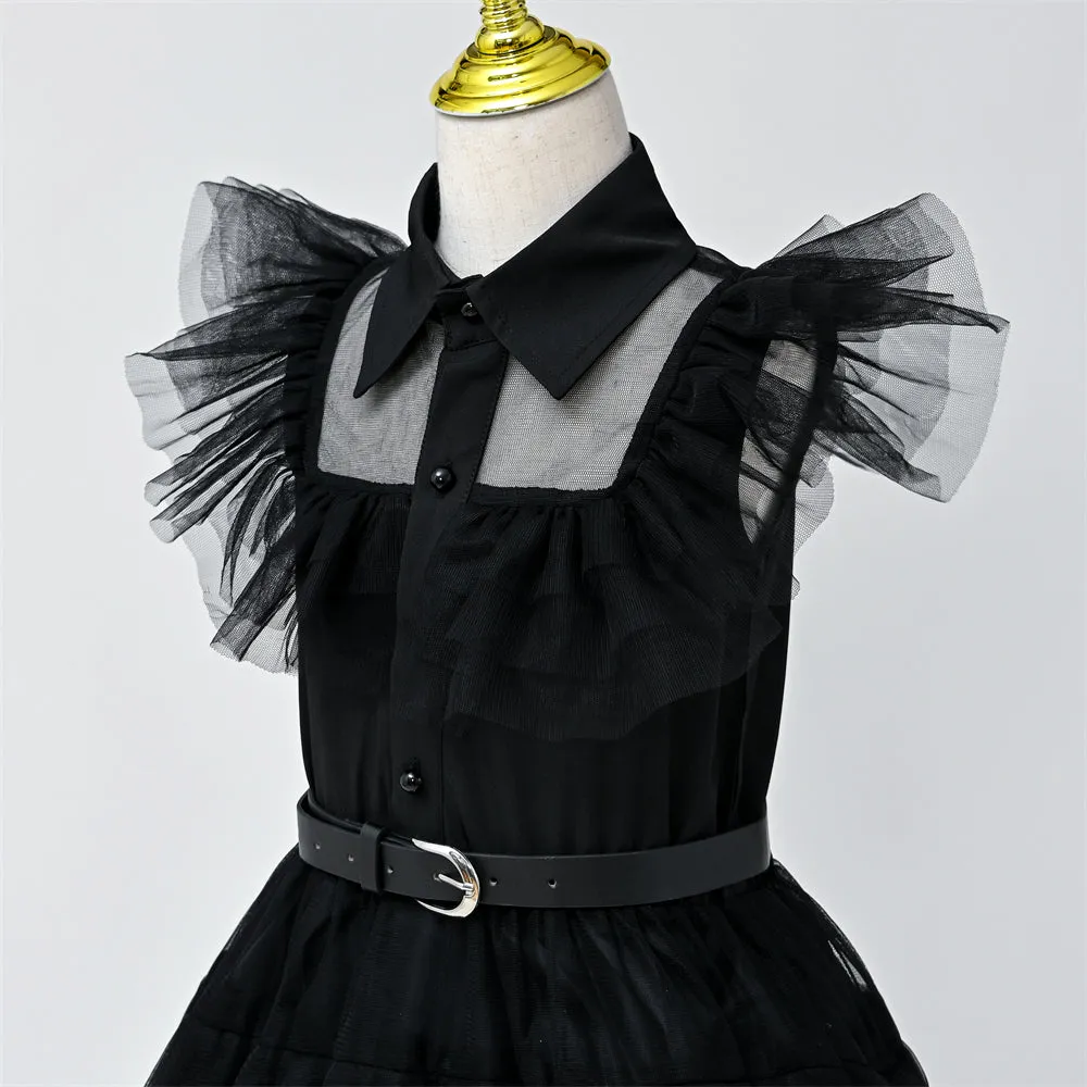 2618# 3-14 Years Old Yoliyolei Carnival Costume Kids Girls Party Dress 2pcs Set Turn Down Collar Halloween Black Costume For Babies 2023 With Belt