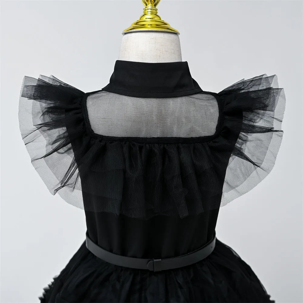 2618# 3-14 Years Old Yoliyolei Carnival Costume Kids Girls Party Dress 2pcs Set Turn Down Collar Halloween Black Costume For Babies 2023 With Belt