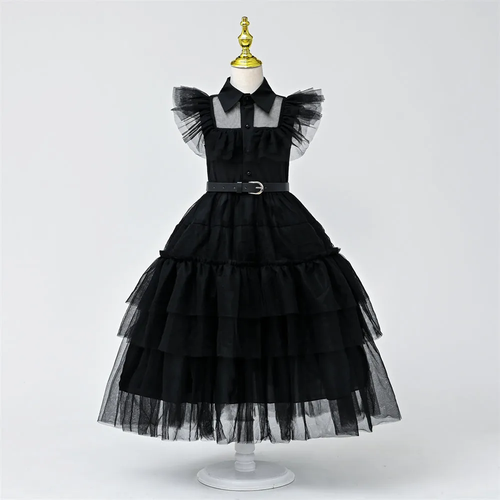 2618# 3-14 Years Old Yoliyolei Carnival Costume Kids Girls Party Dress 2pcs Set Turn Down Collar Halloween Black Costume For Babies 2023 With Belt