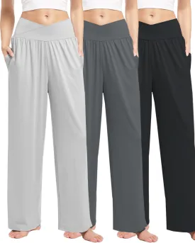 3 Pack Womens Wide Leg Yoga Pants Crossover High Waisted Casual Loose Lounge Sweatpants with Pockets