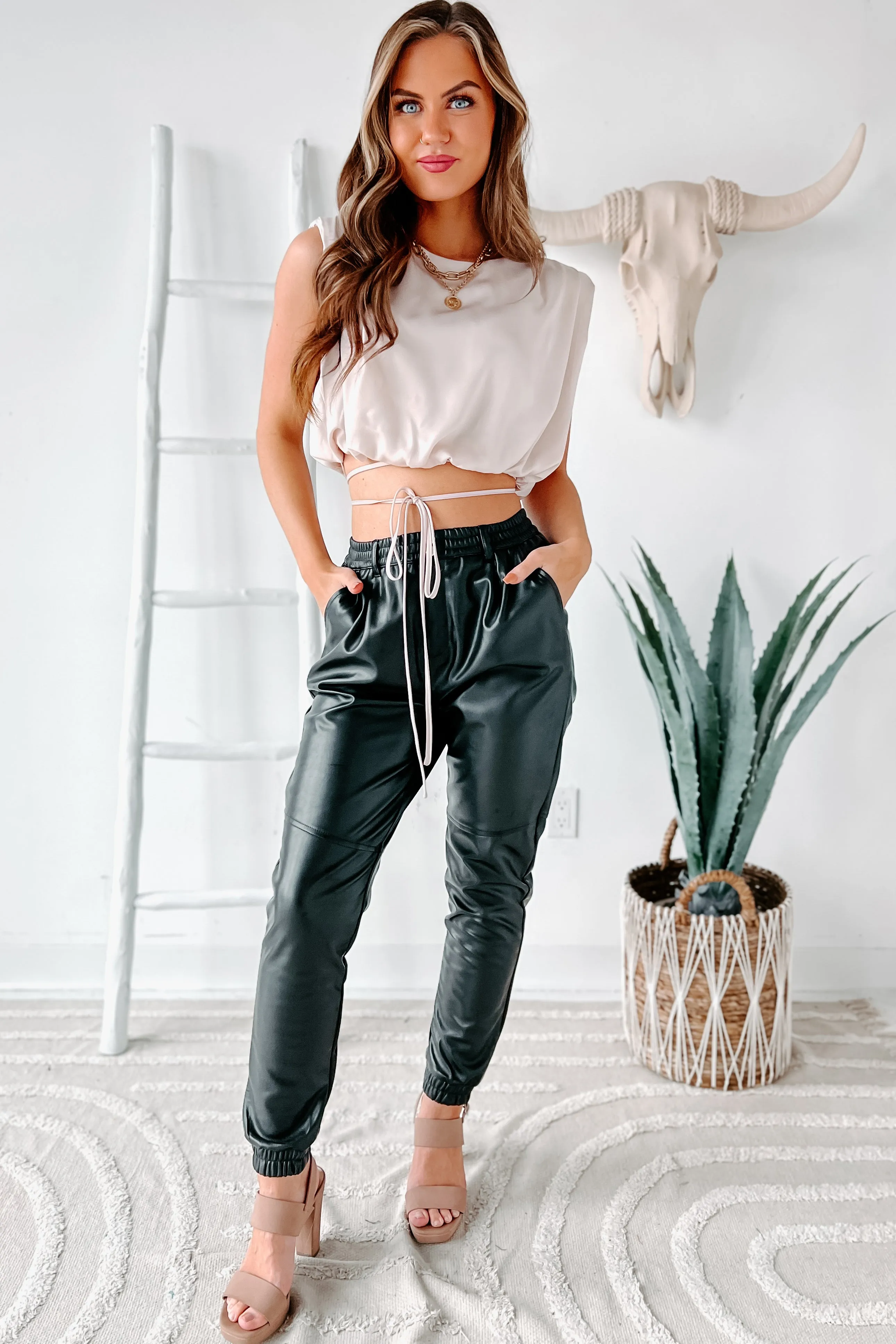 Acting Up High Waisted Faux Leather Joggers (Black)