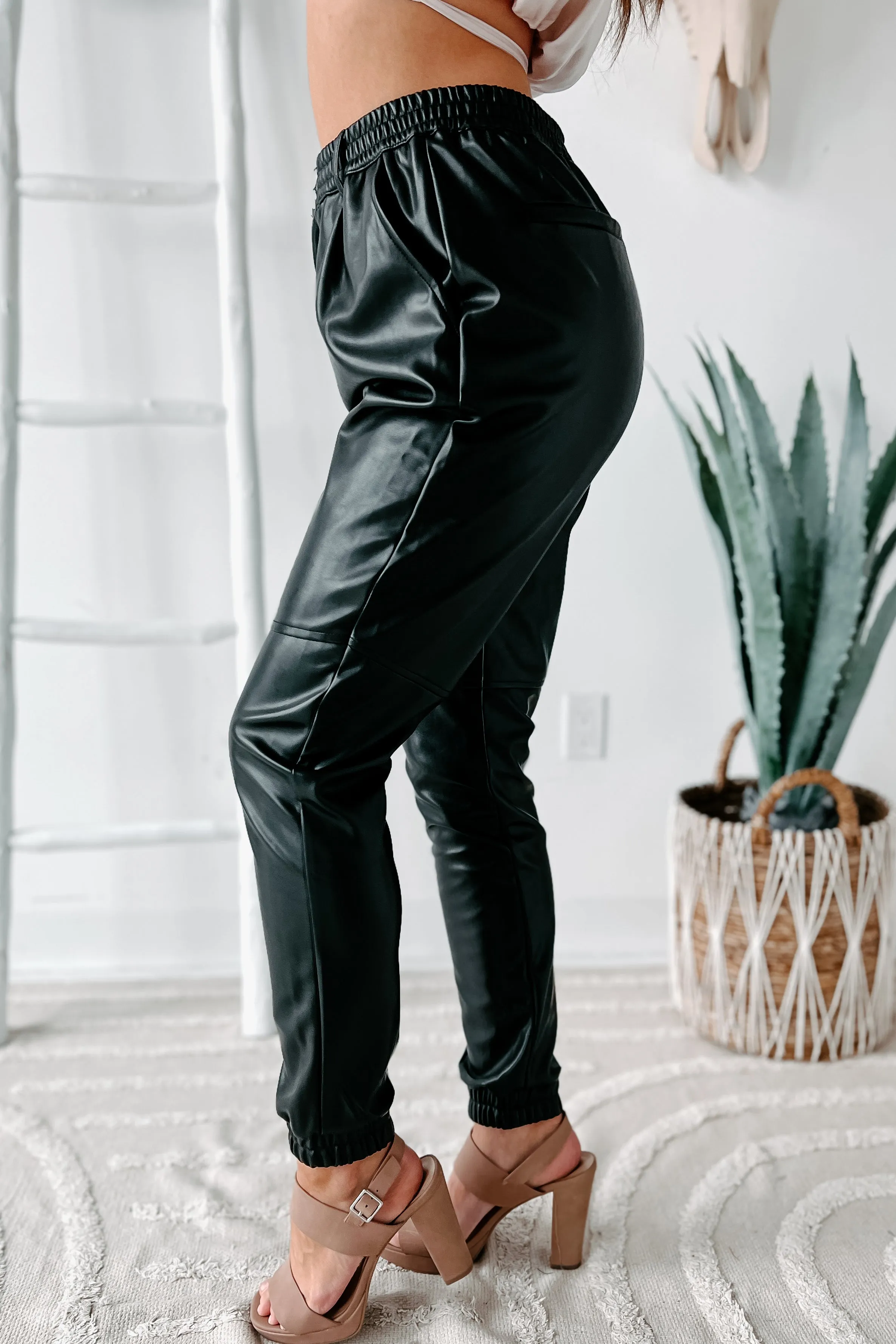 Acting Up High Waisted Faux Leather Joggers (Black)