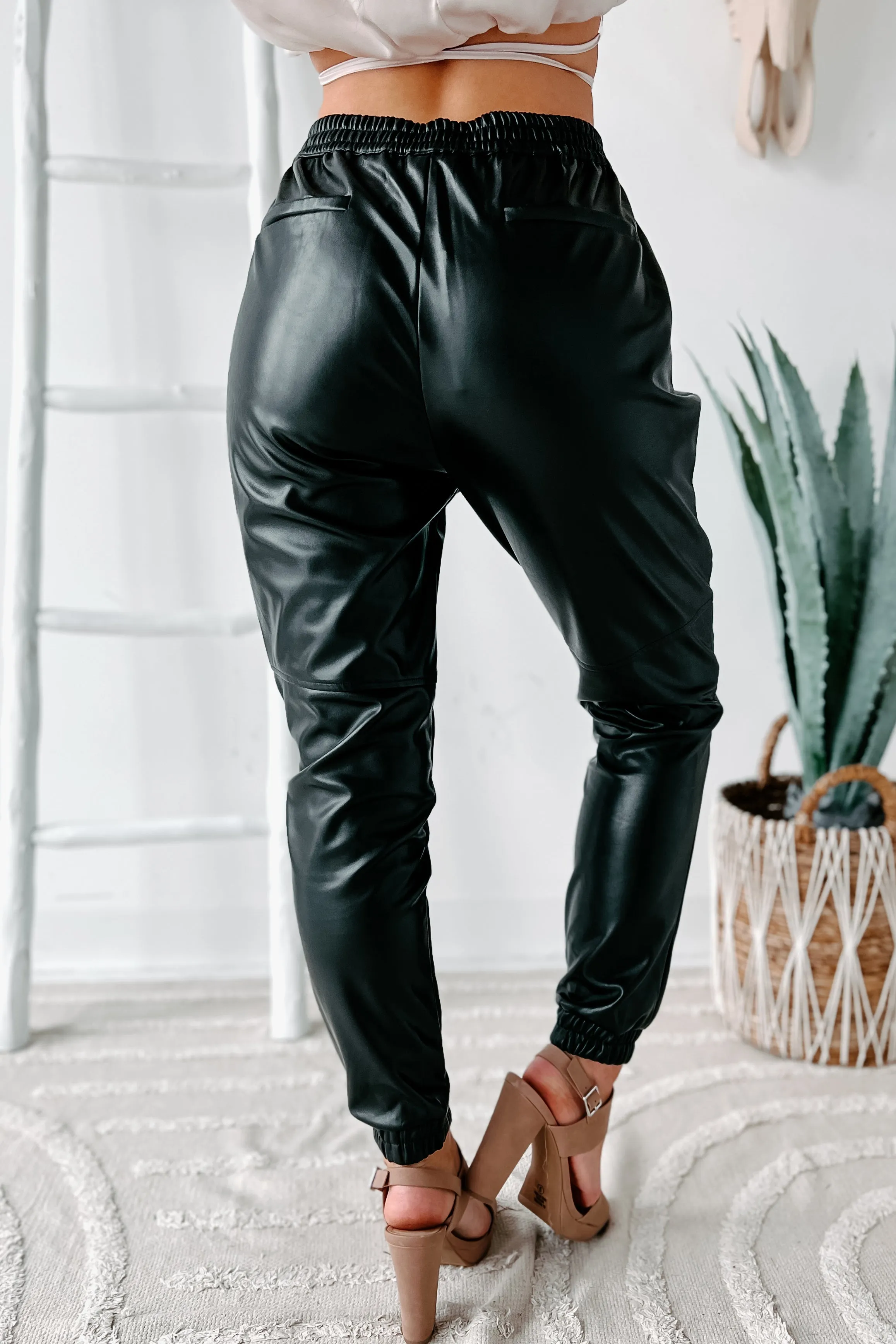 Acting Up High Waisted Faux Leather Joggers (Black)