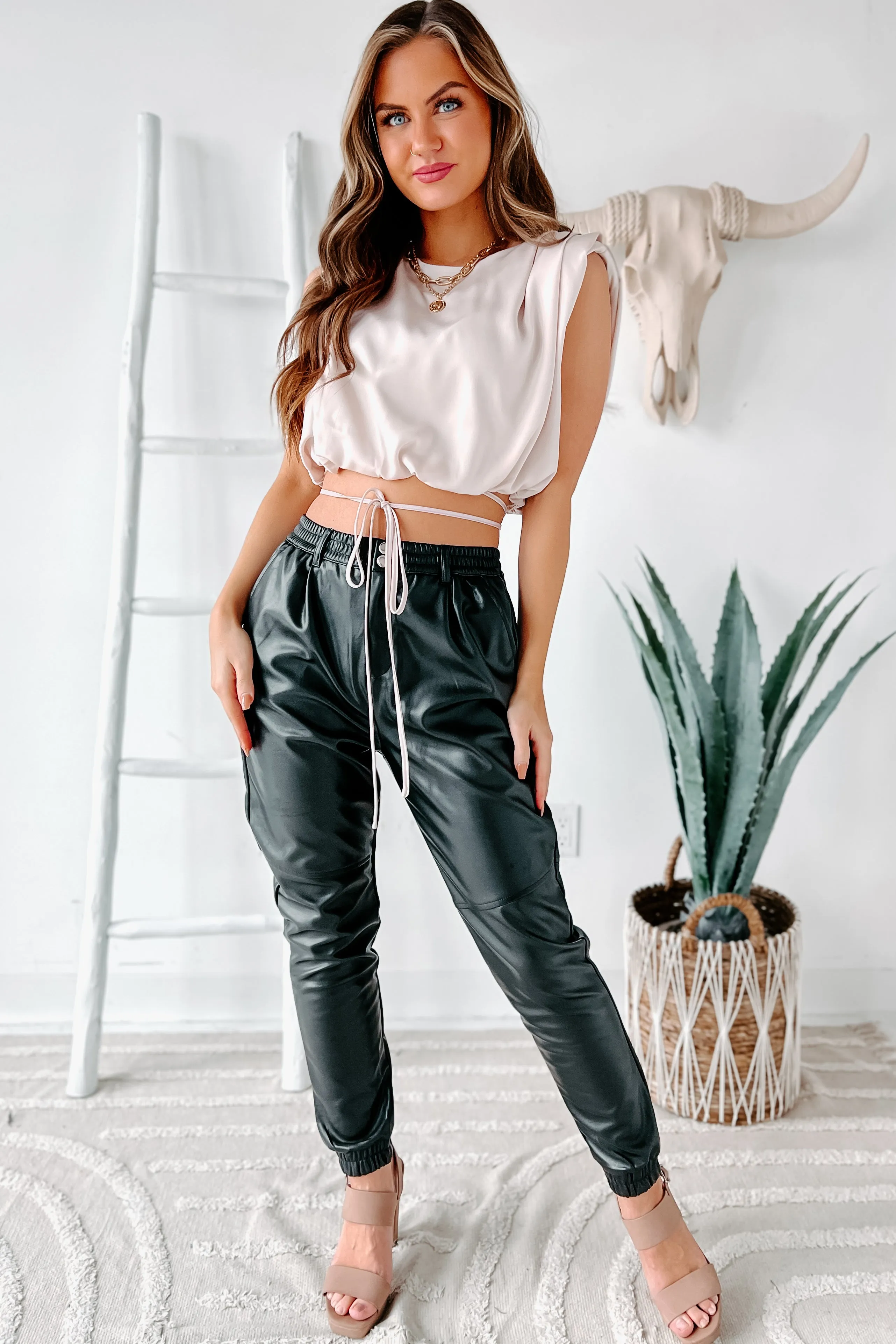 Acting Up High Waisted Faux Leather Joggers (Black)