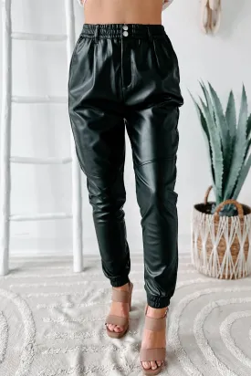 Acting Up High Waisted Faux Leather Joggers (Black)