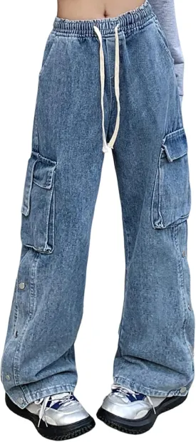 Baggy Jeans for Women High Waist Y2K Boyfriend Casual Loose Wide Leg Drawstring Cargo Pants with Pockets