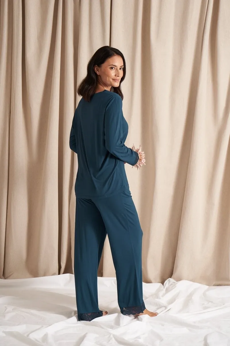 Bamboo Lace V-Neck Pyjama Set in Teal