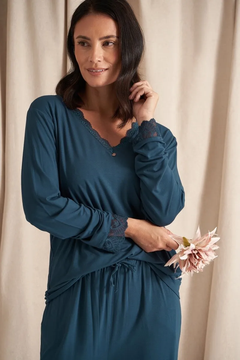Bamboo Lace V-Neck Pyjama Set in Teal