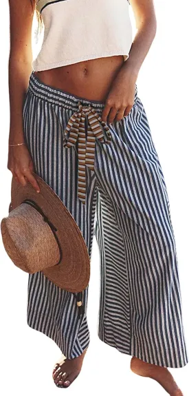 Bankeng Women's Striped Palazzo Pants - Loose Wide Leg Lounge Trousers with Pockets (Blue, XS)