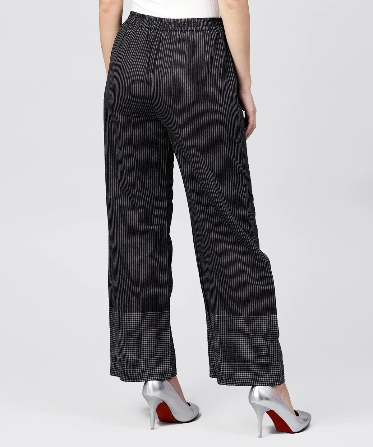 Black Striped Ankle Length Cotton Palazzo