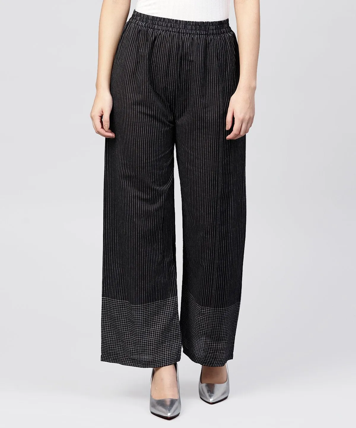 Black Striped Ankle Length Cotton Palazzo