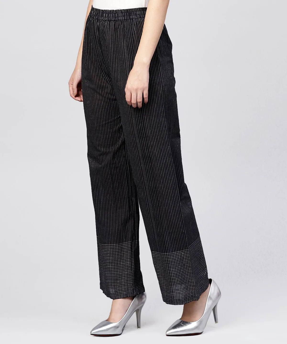 Black Striped Ankle Length Cotton Palazzo