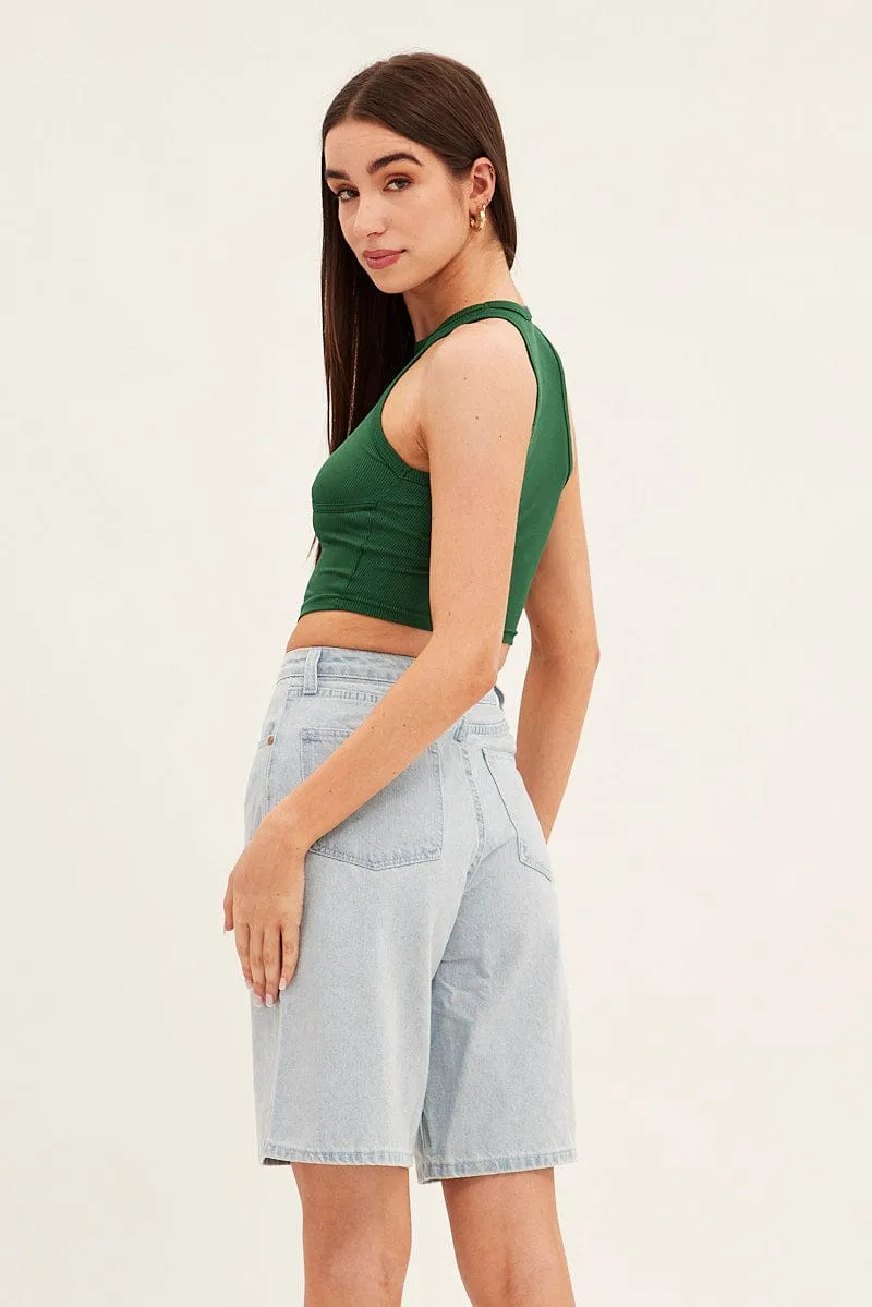 Blue Denim Knee Length Denim Shorts Relaxed