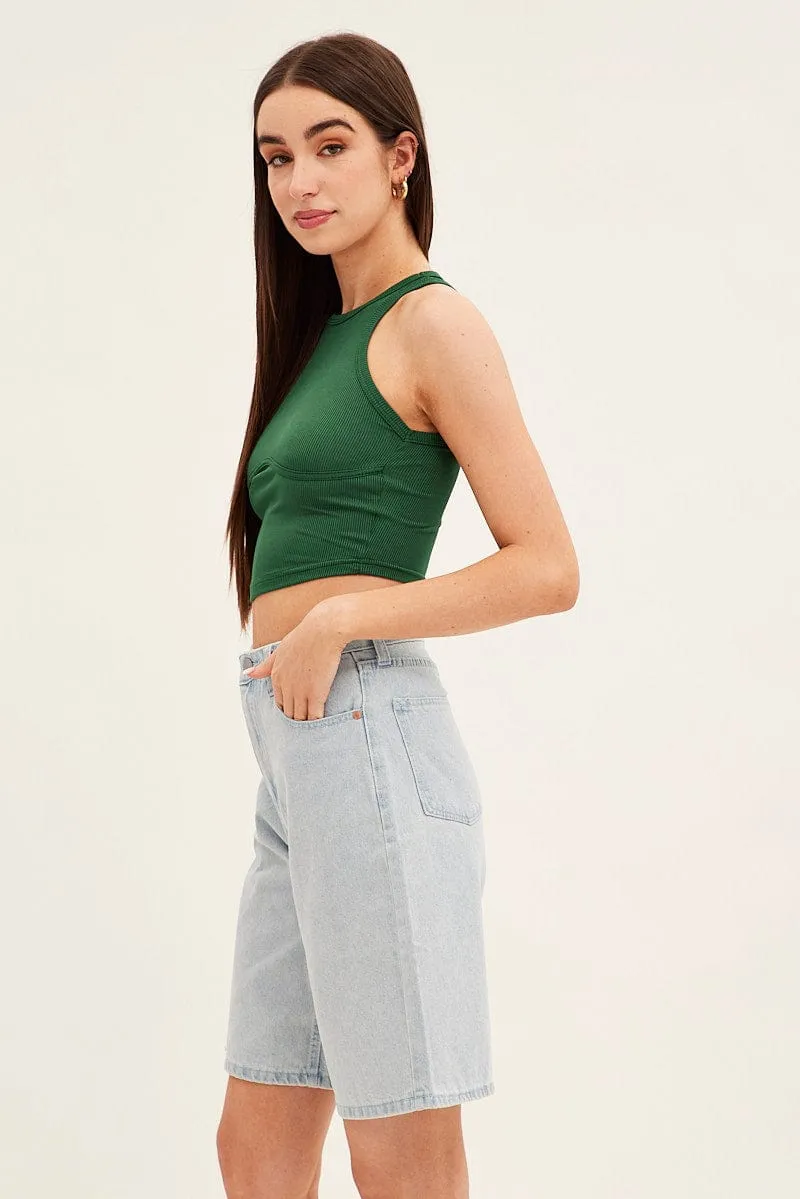 Blue Denim Knee Length Denim Shorts Relaxed