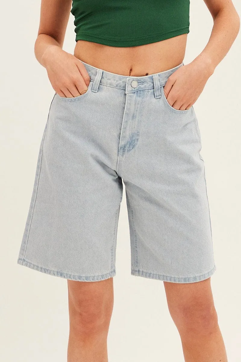 Blue Denim Knee Length Denim Shorts Relaxed