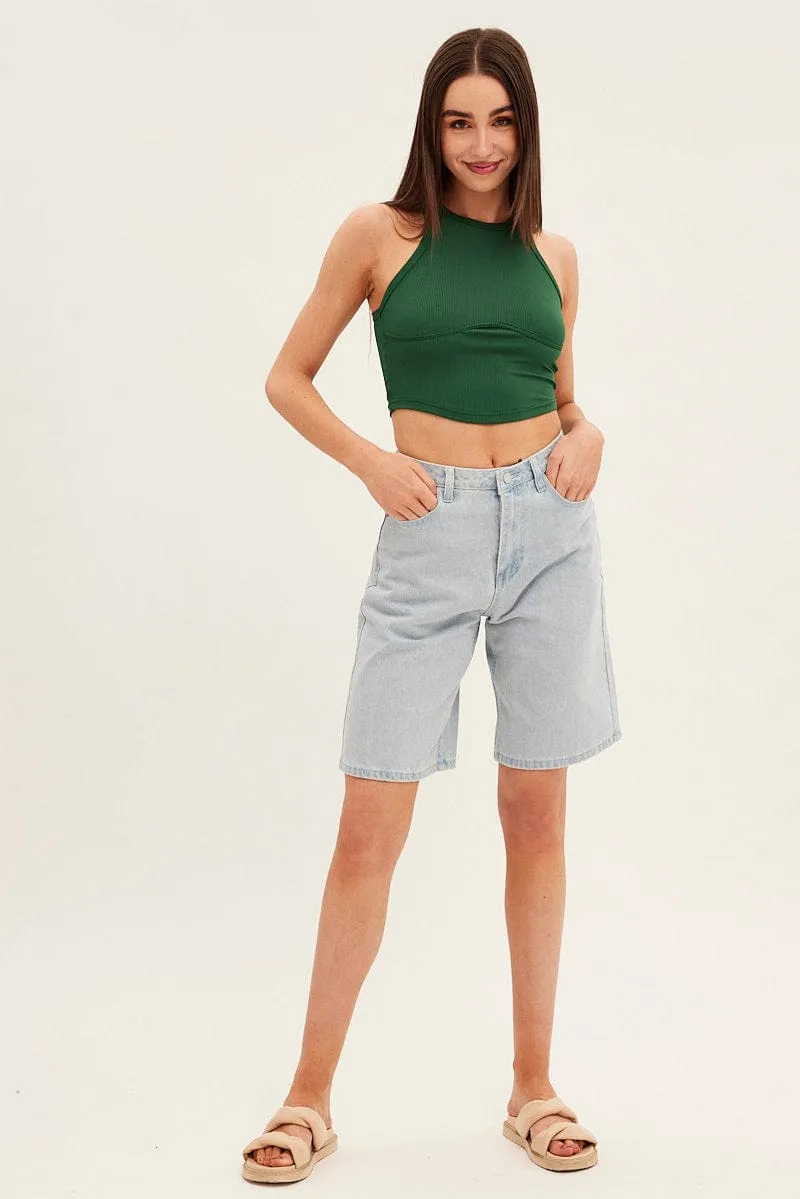 Blue Denim Knee Length Denim Shorts Relaxed