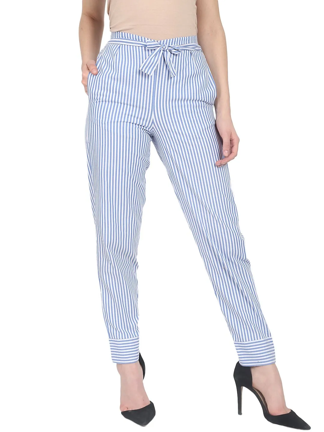 Blue Striped Cotton Slim Fit Palazzo