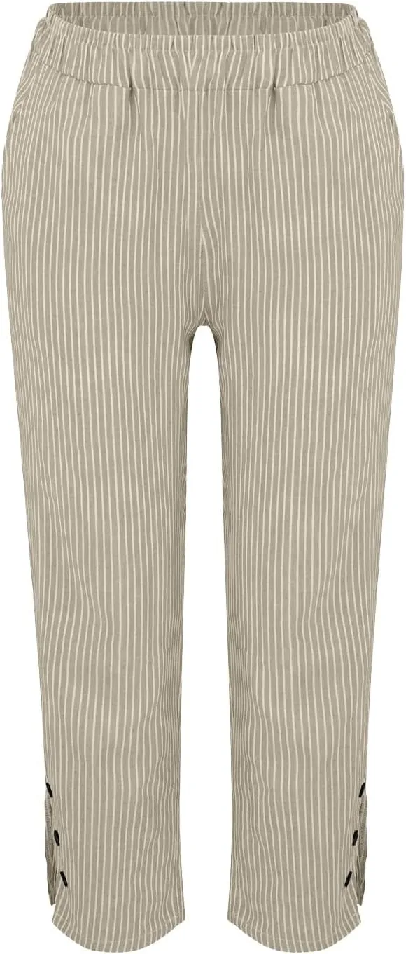 Casual Pants for Women Elastic Waist Trendy Pants Striped Side Button Straight Leg Lightweight Trousers with Pocket