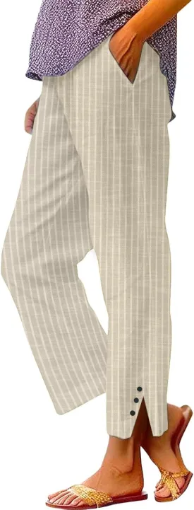Casual Pants for Women Elastic Waist Trendy Pants Striped Side Button Straight Leg Lightweight Trousers with Pocket