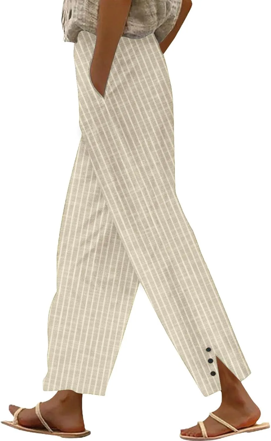Casual Pants for Women Elastic Waist Trendy Pants Striped Side Button Straight Leg Lightweight Trousers with Pocket