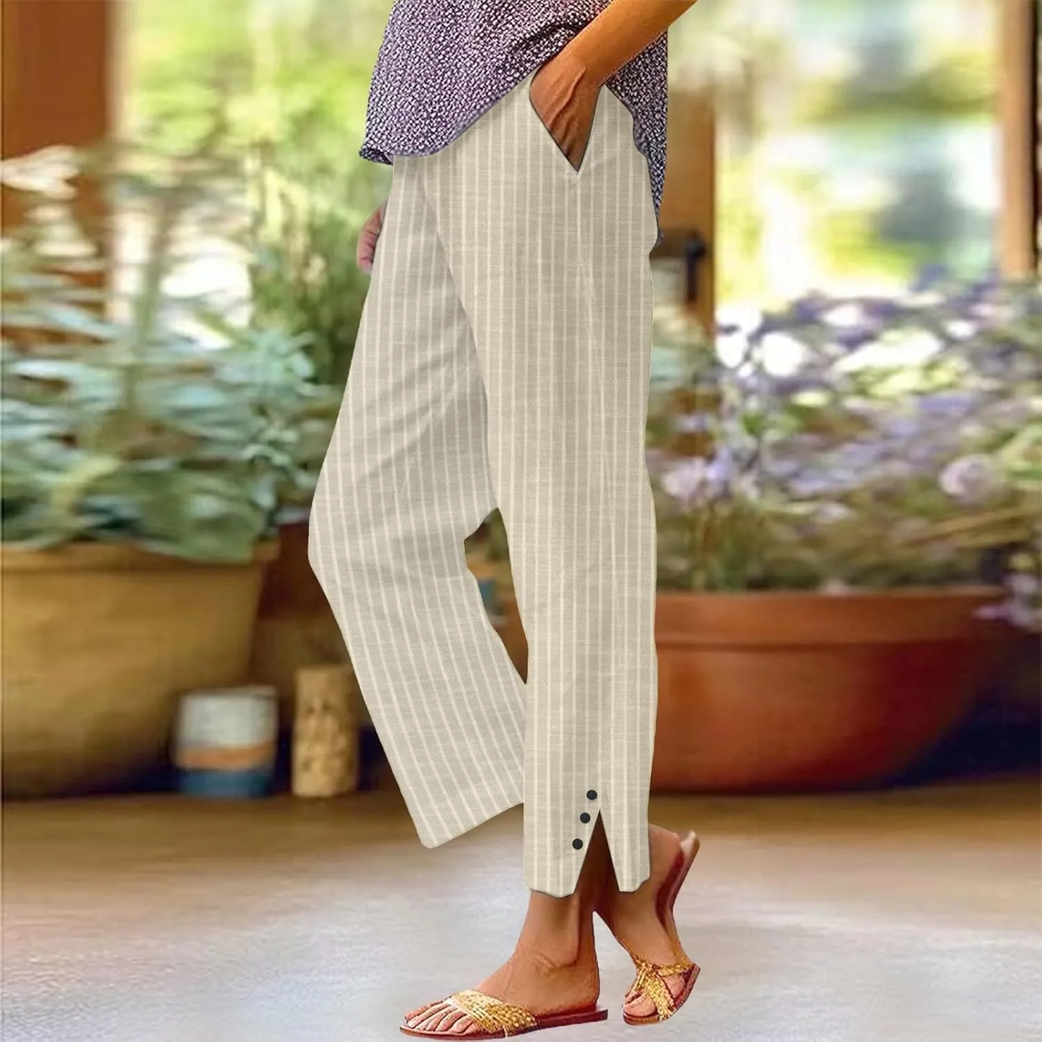 Casual Pants for Women Elastic Waist Trendy Pants Striped Side Button Straight Leg Lightweight Trousers with Pocket