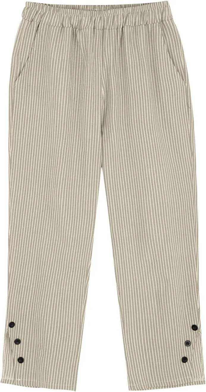 Casual Pants for Women Elastic Waist Trendy Pants Striped Side Button Straight Leg Lightweight Trousers with Pocket
