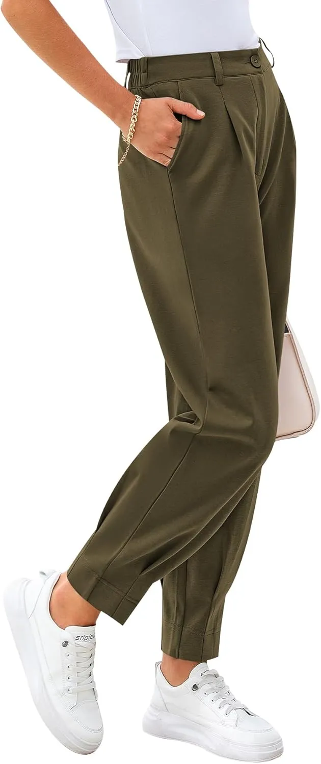 CFLONGE Women's Summer High Waisted Pants for Women 2025 Casual Ankle Length Pant for Work Office Trouser Slacks with Pockets