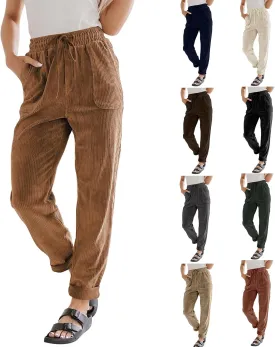 Corduroy Pants for Women High Waisted Pull On Straight Leg Dress Pants Comfy Business Casual Work Pants with Pockets