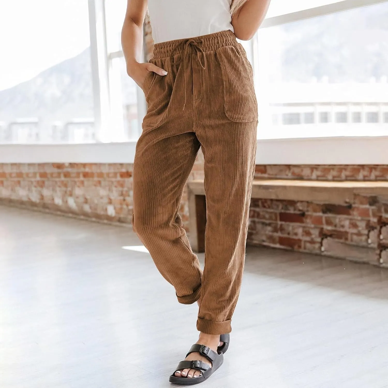 Corduroy Pants for Women High Waisted Pull On Straight Leg Dress Pants Comfy Business Casual Work Pants with Pockets