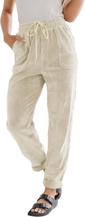 Corduroy Pants for Women High Waisted Pull On Straight Leg Dress Pants Comfy Business Casual Work Pants with Pockets