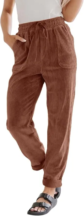 Corduroy Pants for Women High Waisted Pull On Straight Leg Dress Pants Comfy Business Casual Work Pants with Pockets