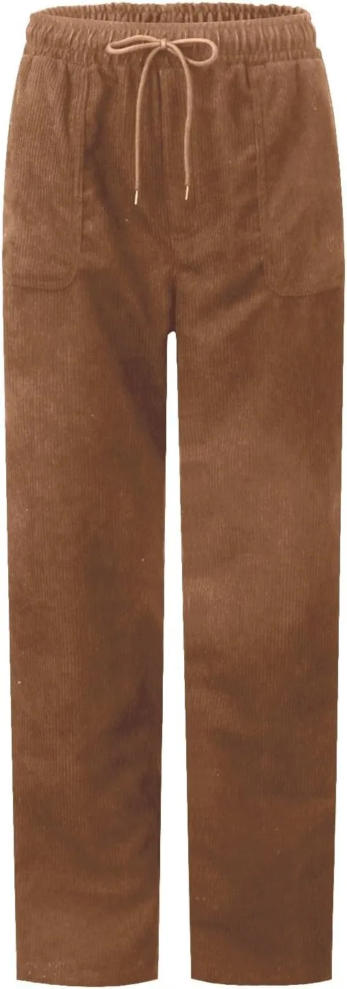 Corduroy Pants for Women High Waisted Pull On Straight Leg Dress Pants Comfy Business Casual Work Pants with Pockets