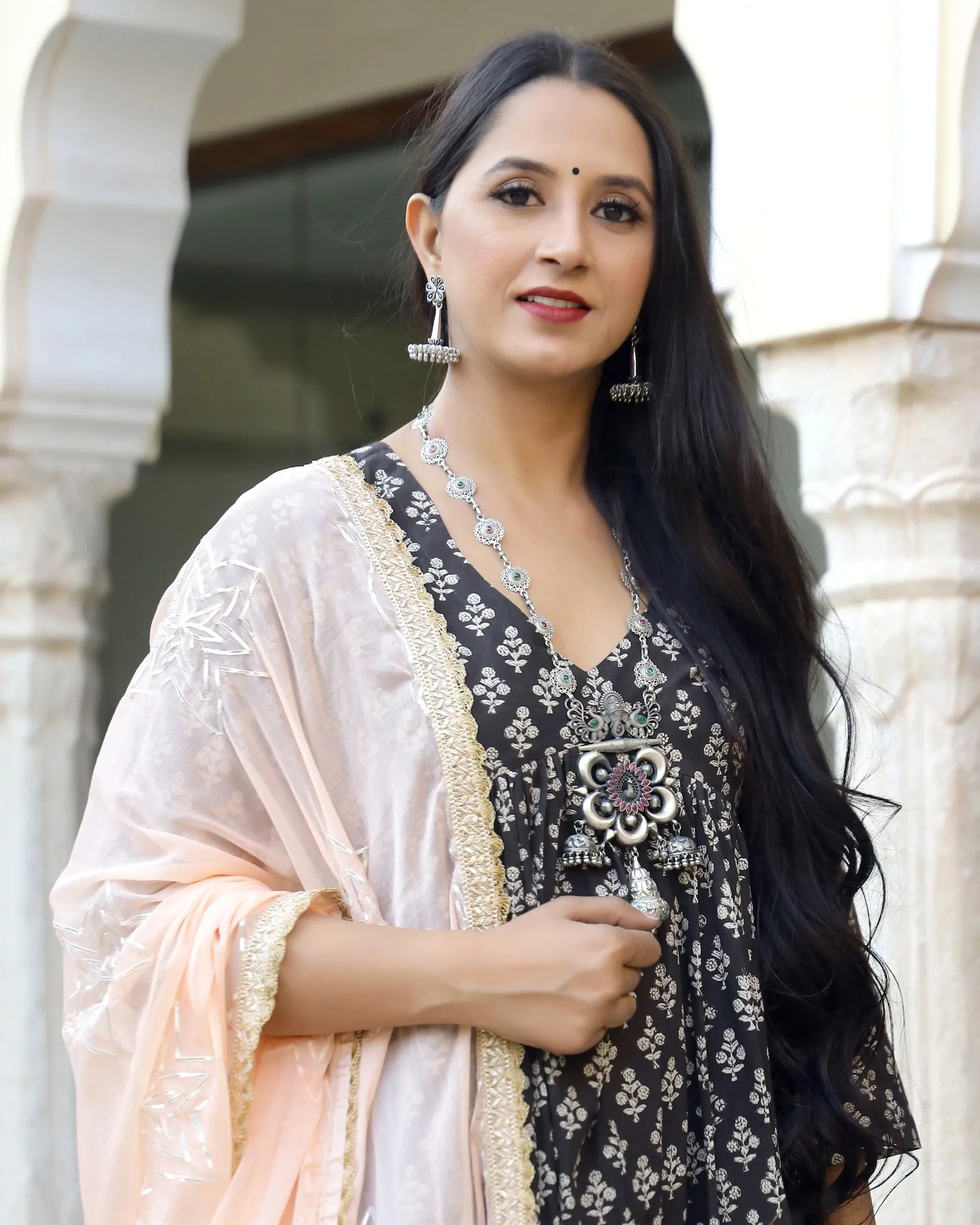 Cotton Black Printed Kurta Pant Set with Chiffon Dupatta