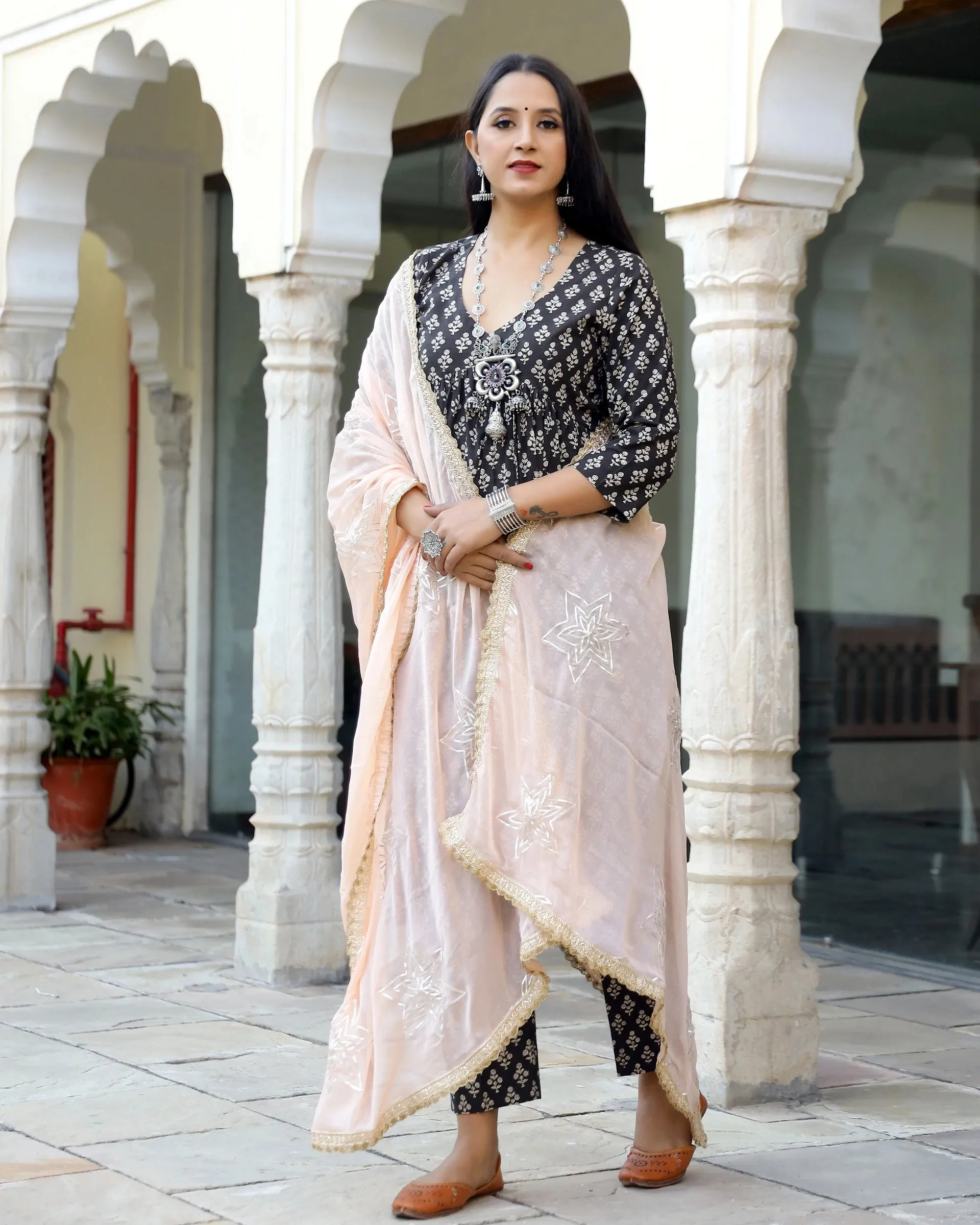 Cotton Black Printed Kurta Pant Set with Chiffon Dupatta