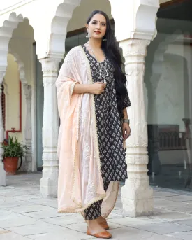 Cotton Black Printed Kurta Pant Set with Chiffon Dupatta