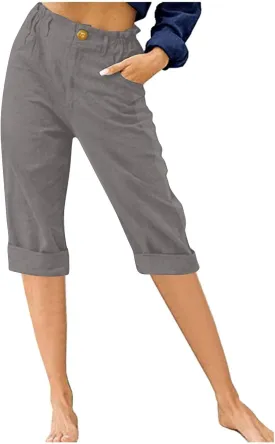 Cotton Linen Capri Pants for Women Casual Summer Straight Leg Trouser Buttons High Waist Cropped Pant with Pocket