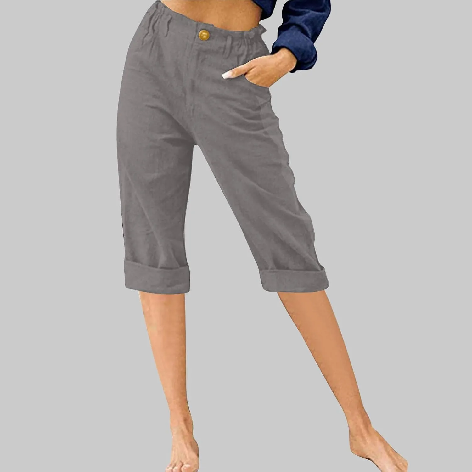 Cotton Linen Capri Pants for Women Casual Summer Straight Leg Trouser Buttons High Waist Cropped Pant with Pocket