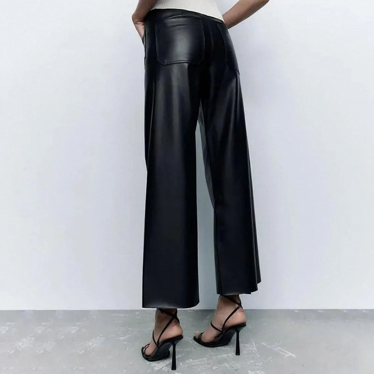 Dawery Boyfriend Straight High Waist Faux Leather Pants Women Casual Streetwear Loose Wide Leg PU Cargo Female Full Length Trousers