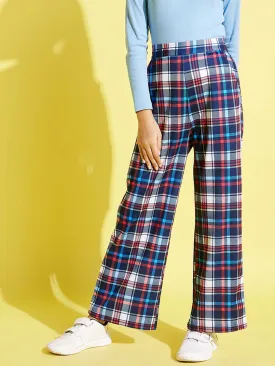 Girls Blue & Red Check Straight Pants - Lyush Kids