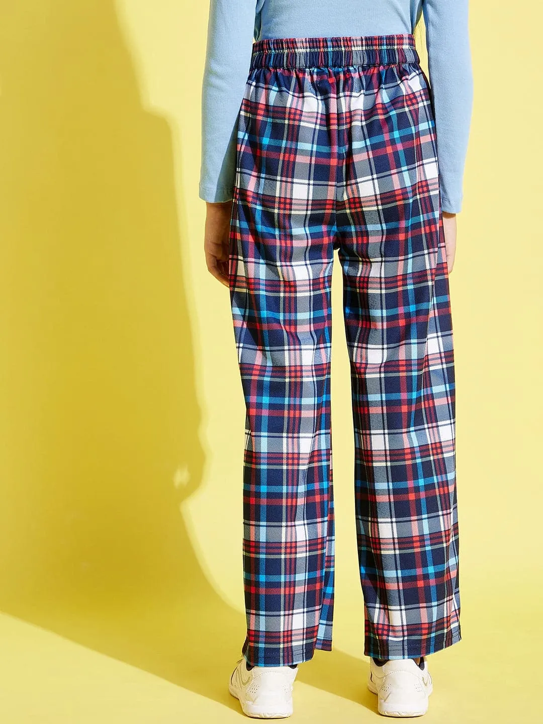 Girls Blue & Red Check Straight Pants - Lyush Kids