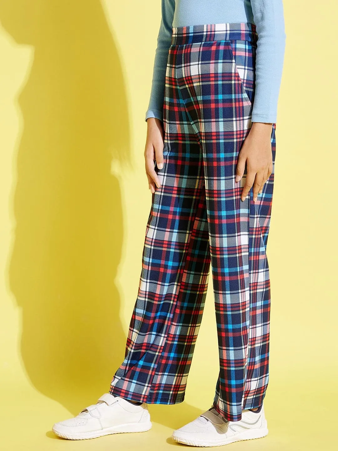Girls Blue & Red Check Straight Pants - Lyush Kids