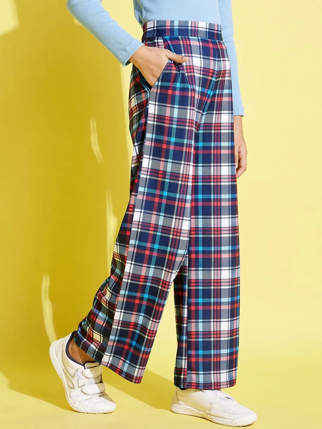 Girls Blue & Red Check Straight Pants - Lyush Kids