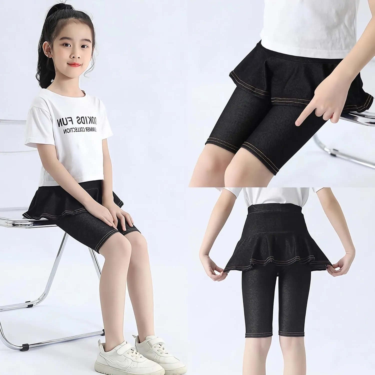 Girls' Knee Length Shorts with Skirt Imitation Denim Capri Leggings Kids Summer Casual Shorts 3-11 Years