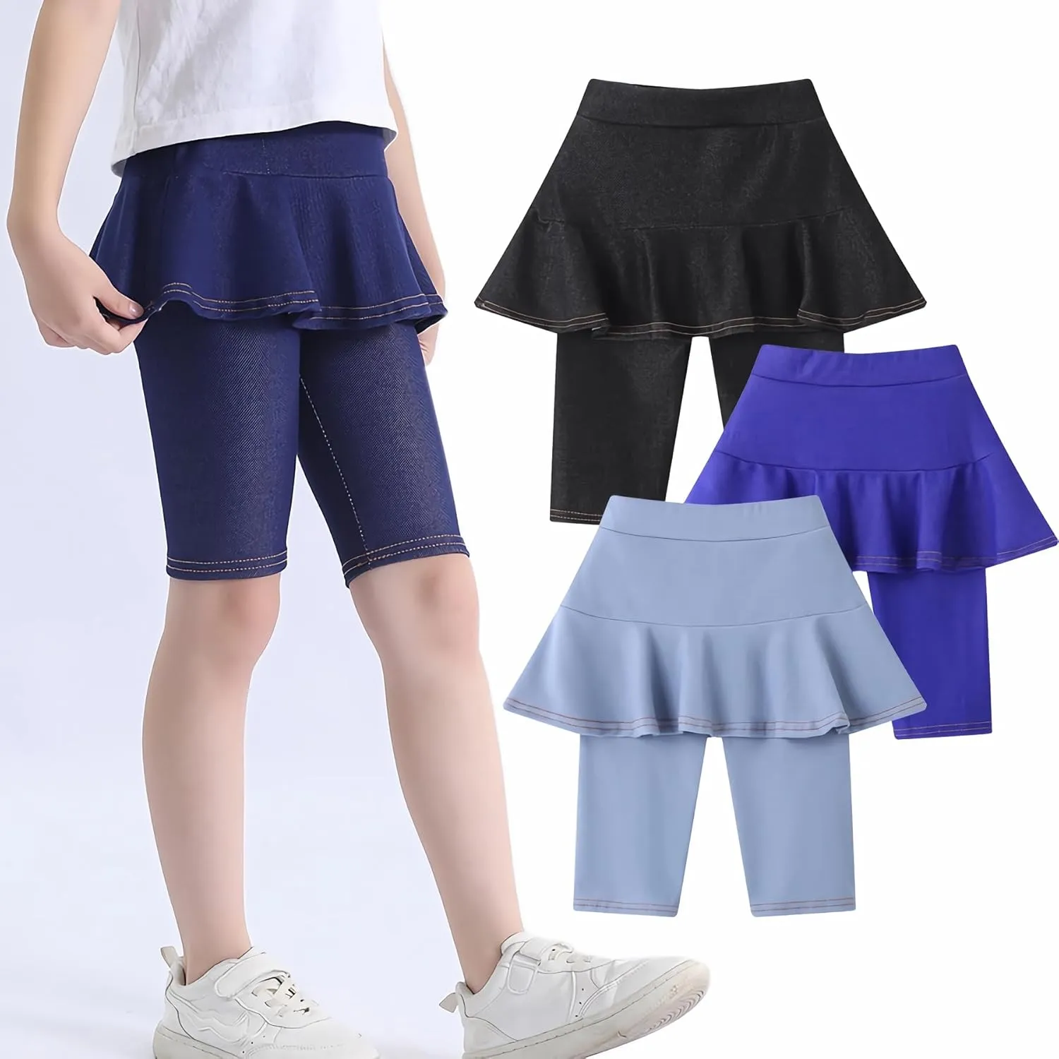 Girls' Knee Length Shorts with Skirt Imitation Denim Capri Leggings Kids Summer Casual Shorts 3-11 Years