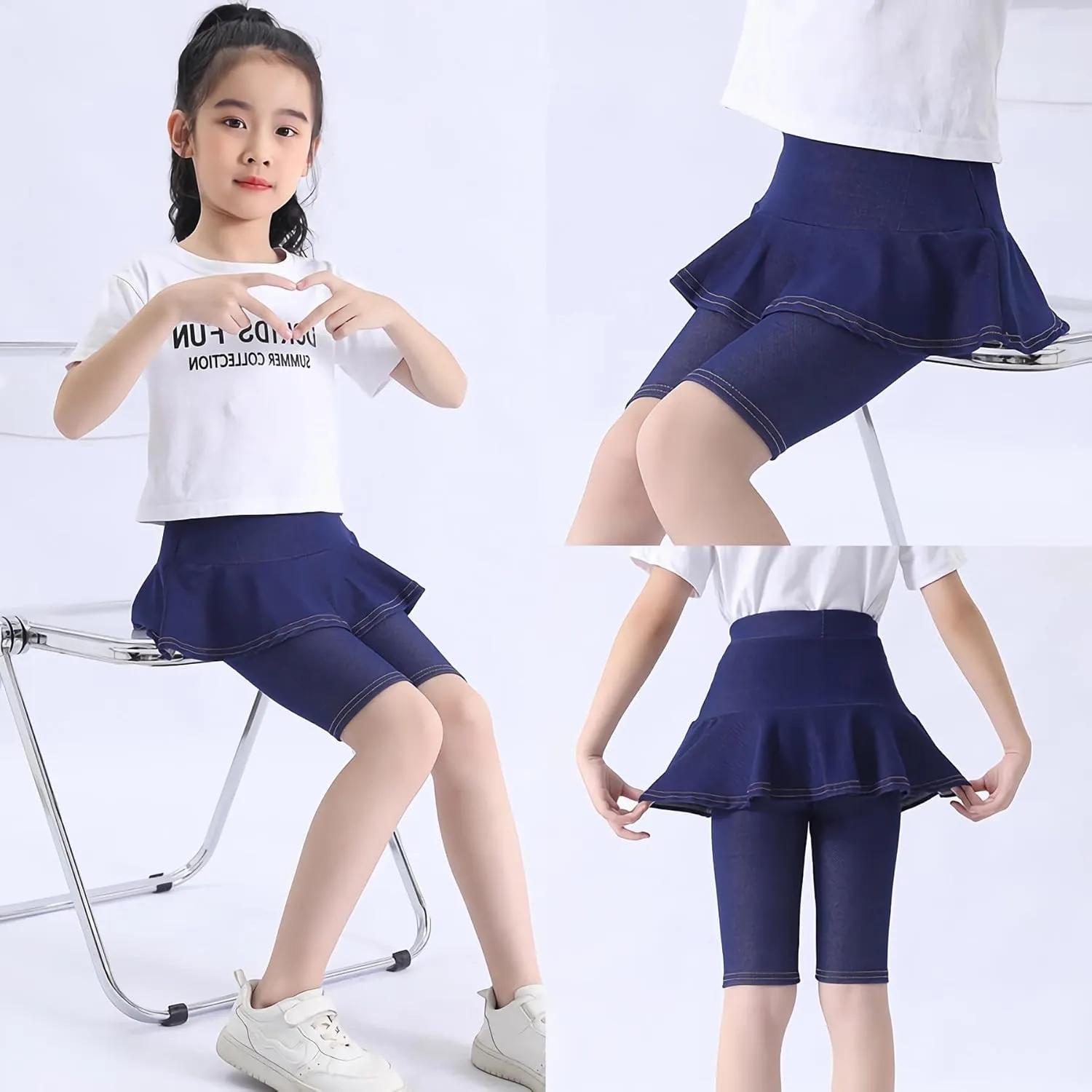 Girls' Knee Length Shorts with Skirt Imitation Denim Capri Leggings Kids Summer Casual Shorts 3-11 Years