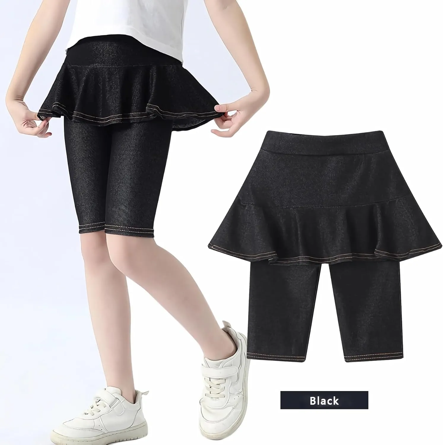 Girls' Knee Length Shorts with Skirt Imitation Denim Capri Leggings Kids Summer Casual Shorts 3-11 Years