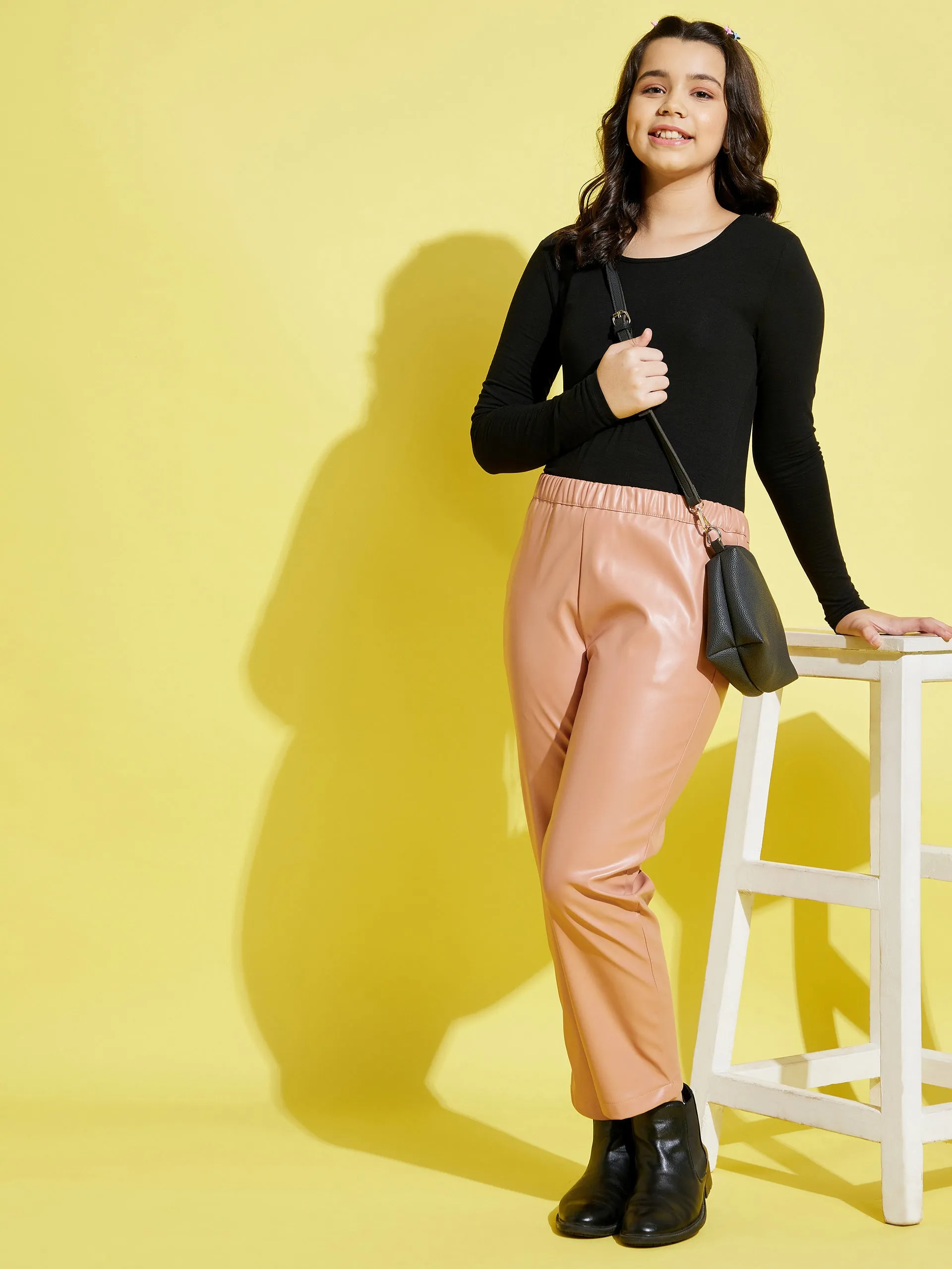 Girls Pale Pink Pu Straight Pants - Lyush Kids