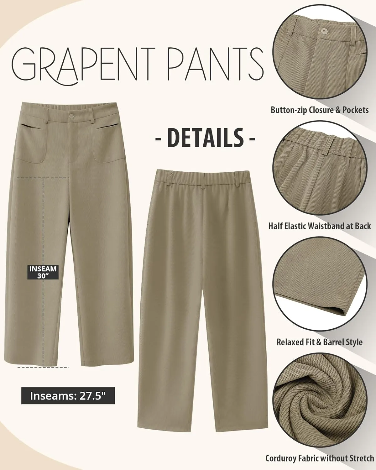 GRAPENT Barrel Pants for Women High Waisted Corduroy Elastic Waist Trendy Loose Casual Fall Trousers Pants with Pockets