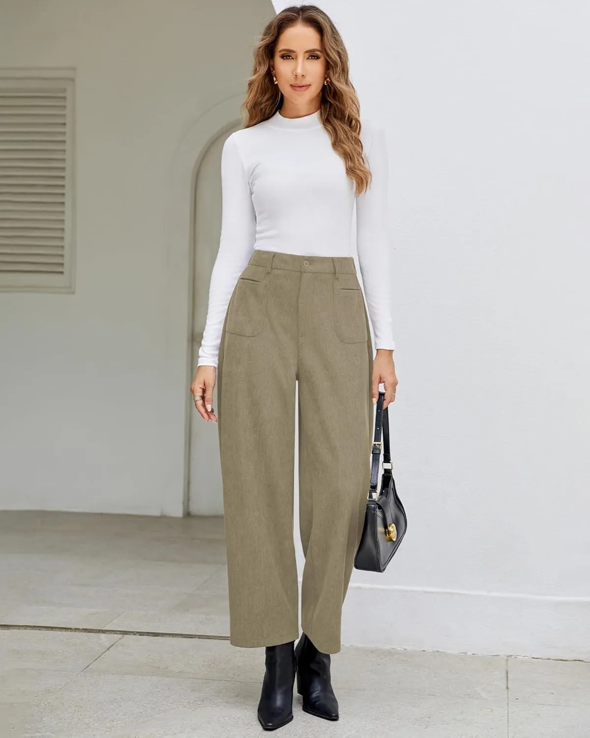 GRAPENT Barrel Pants for Women High Waisted Corduroy Elastic Waist Trendy Loose Casual Fall Trousers Pants with Pockets